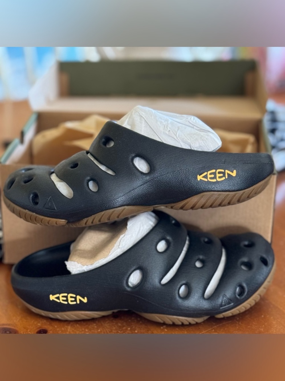 Keen Women’s Black Slip-On Clogs with Brown Sole and Yellow Logo